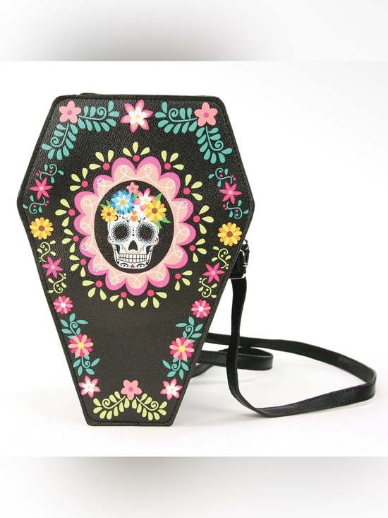 Handbags - Black Floral Sugar Skull Coffin Crossbody Bag